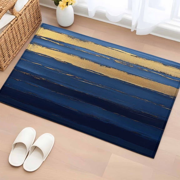 Blue Gold Wave Bathroom Rug Washable 2x3 Entryway Rug Non Slip Summer Coastal Ocean Stripe Front Door Mat Low Pile Indoor Doormat Throw Floor Carpet for Kitchen Bedroom Entrance