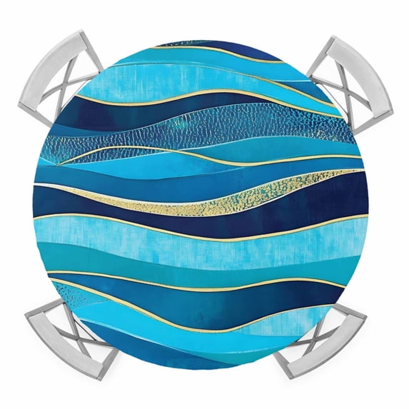 Blue Gold Wave Elastic Fitted Round Table Cover Abstract Art Waterproof Outdoor Tablecloth for Holiday Party, Picnic, Patio & Dining Fits Tables Up to 55"-60"