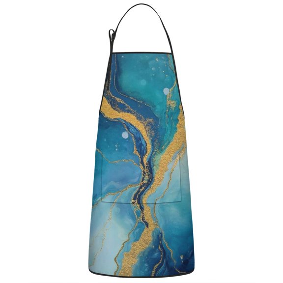 Blue Gold Wave Marble Pattern Apron-Garden Aprons for Women with Pockets-Cotton Linen Waterproof Kitchen Cooking Gardening Aprons Adjustable for Kitchen,Cooking,BBQ and Salon 33x27 Inch