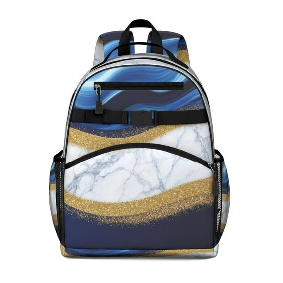 Blue Gold Wave Marble Pattern Backpack for School,Cute School Bag,Schoolbag with Adjustable Shoulder Straps & Padded Back,15.25"x11.5"x5.25"