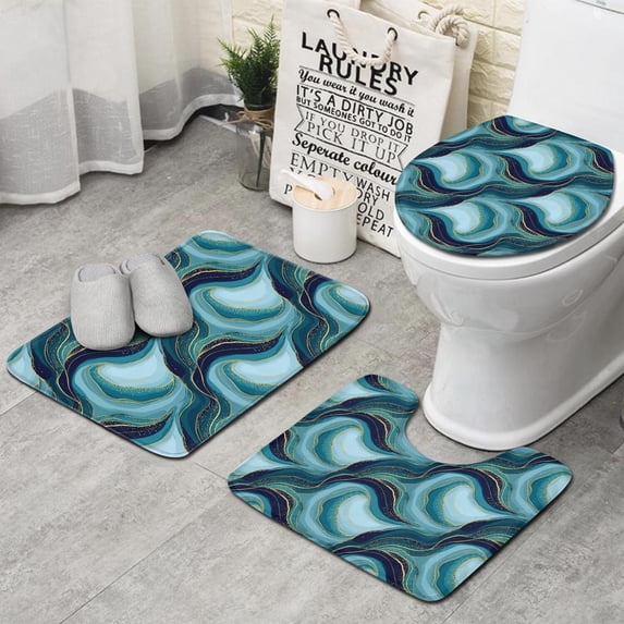 Blue Gold Wave Marble Pattern Bathroom Rugs Sets 3 Piece,Toilet Cover Set,Absorbent Non Slip Bathroom Mats Sets with U-Shaped Contour Rug Toilet Rug Set