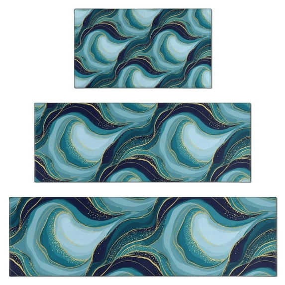 Blue Gold Wave Marble Pattern Kitchen Rugs Sets Of 3,Kitchen Runner Rugs Non Skid Washable,Decorative Kitchen Floor Mats for Kitchen,Sink,Laundry,17"x30"+ 17"x47" + 17"x59"