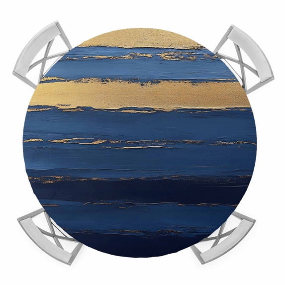 Blue Gold Wave Round Tablecloth for 36-44 Inch Tables, Fitted Table Cover with Elastic Edge, Summer Coastal Ocean Stripe Waterproof Outdoor Table Cloth Protector for Patio Garden Dinner Picnic