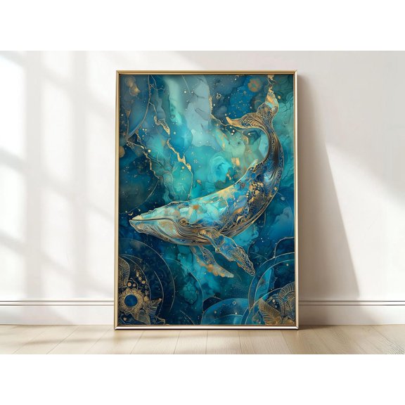 Blue Gold Whale Art Abstract Ocean Wall Decor Matte Paper, Unframed Paper Print