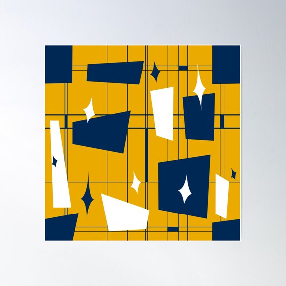 Blue Gold White Midcentury 2 Poster Wall Art, Modern Wall Decor For Living Room Bedroom, 17x17 UNFRAMED