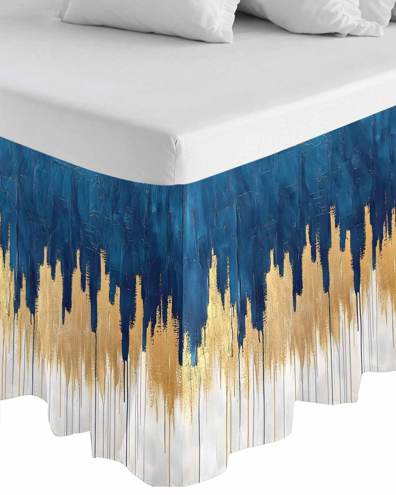 Blue Gold Wrap Around Bed Skirts for Queen Bed 16" Drop,Bed Skirt with Adjustable Elastic Belt Dust Ruffle Bed Valance for Bedroom Hotel Modern Street Art Splatter Foil Painting Bed Frame Cover