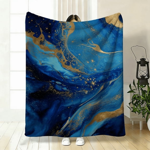 Blue Golden Abstract Art Flannel Blanket Royal Navy Golden Marbled Design with Swirling Lines Floral Patterns.