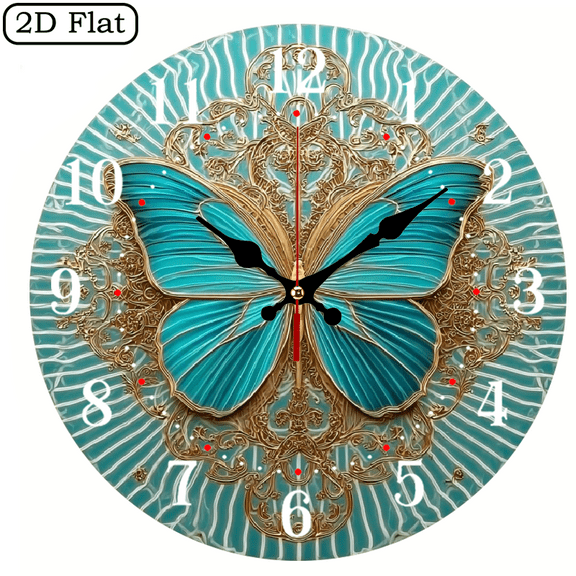 Blue Golden Butterfly Windmill -2D Flat 1pc 10Inch Design Silent Wall Clock - Wooden, Ideal for Living Room, Kitchen, Office Decor, Perfect Christmas Gift