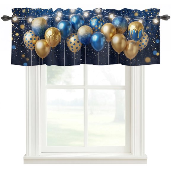 Blue Golden Celebration Valances for Windows Farmhouse Kitchen Curtains Valances Rod Pocket Valance Curtains for Windows Lights Celebration Balloon Window Valances for Bathroom Bedroom 42"x12"