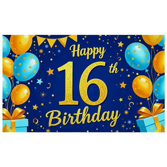 Blue Golden Glittery 16th Birthday Backdrop Banner with Balloons Stars and Gifts Party Supplies Photography Props Birthday Decoration for Birthday Party Decorations