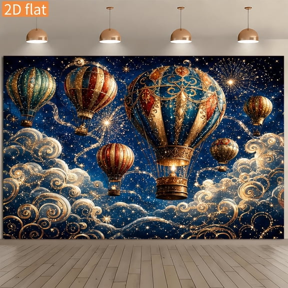 Blue Golden Hot Air Balloon Backdrop Deep Blue Night Sky Cloud Travel Background Luxurious Twinkling Stars Birthday Party Decorations Banner Supplies Photo Booth Props