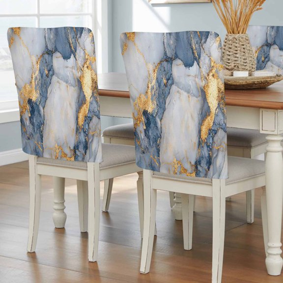 Blue Golden Marble Chair Back Covers, Modern Abstract Ink Painted Art Removable Chair Covers for Dining Chairs Set of 4, Washable Chairs Slipcovers Back Seat Protector for Wedding Party 19"x20"