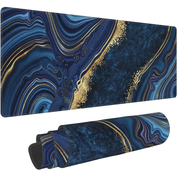 Blue Golden Marble Extended Big Mouse Pad Large,XL Gaming Mouse Pad Desk Pad,31.5x11.8inch Long Computer Keyboard Mouse Mat Mousepad with 3mm Non-Slip Base and Stitched Edge for Home Office Work