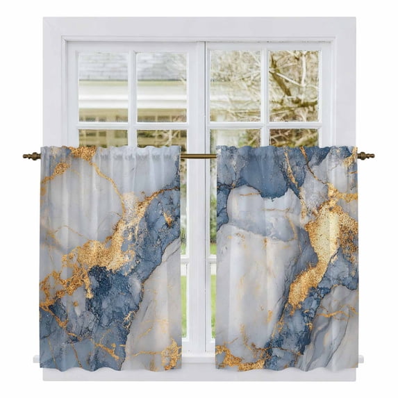 Blue Golden Marble Kitchen Curtains, Modern Abstract Ink Painted Art Light Filtering Window Curtain Panels, 2Pcs Rod Pocket Window Treatments Set for Cabin Bathroom Bedroom 52x45 Inches