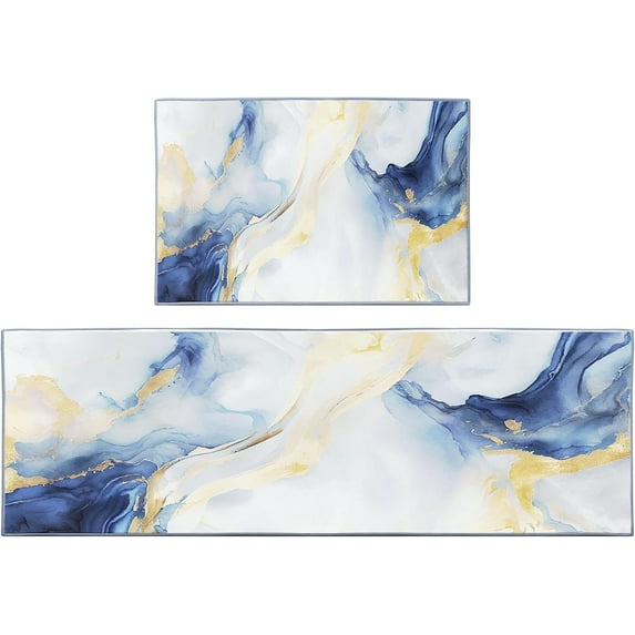 Blue Golden Marble Kitchen Rugs and Mats Non Skid Washable Set of 2, Gold Teal Kitchen Runner Rug, Farmhouse Modern Kitchen Floor Mat Under Sink Mat Throw Rug for Doormat