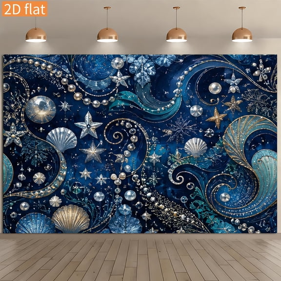 Blue Golden Ocean Shell Pearl Starlight Abstract Backdrop Dreamy Wave Curves Star Seashells Pearl Background Golden Lines Deep Blue Gradient Ocean Birthday Banner