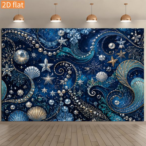 Blue Golden Ocean Shell Pearl Starlight Abstract Backdrop Dreamy Wave Curves Star Seashells Pearl Background Golden Lines Deep Blue Gradient Ocean Birthday Banner