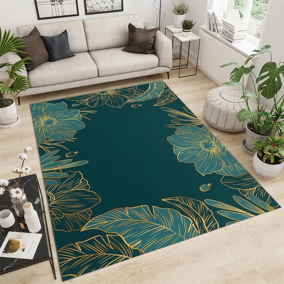 Blue Golden Plant Area Rug Modern Light Luxury Simple Tropical Rainforest Large Rugs Anti Slip Backing Washable Indoor Carpet Living Room Bedroom Study Dining 2x3 Small Non-slip Soft