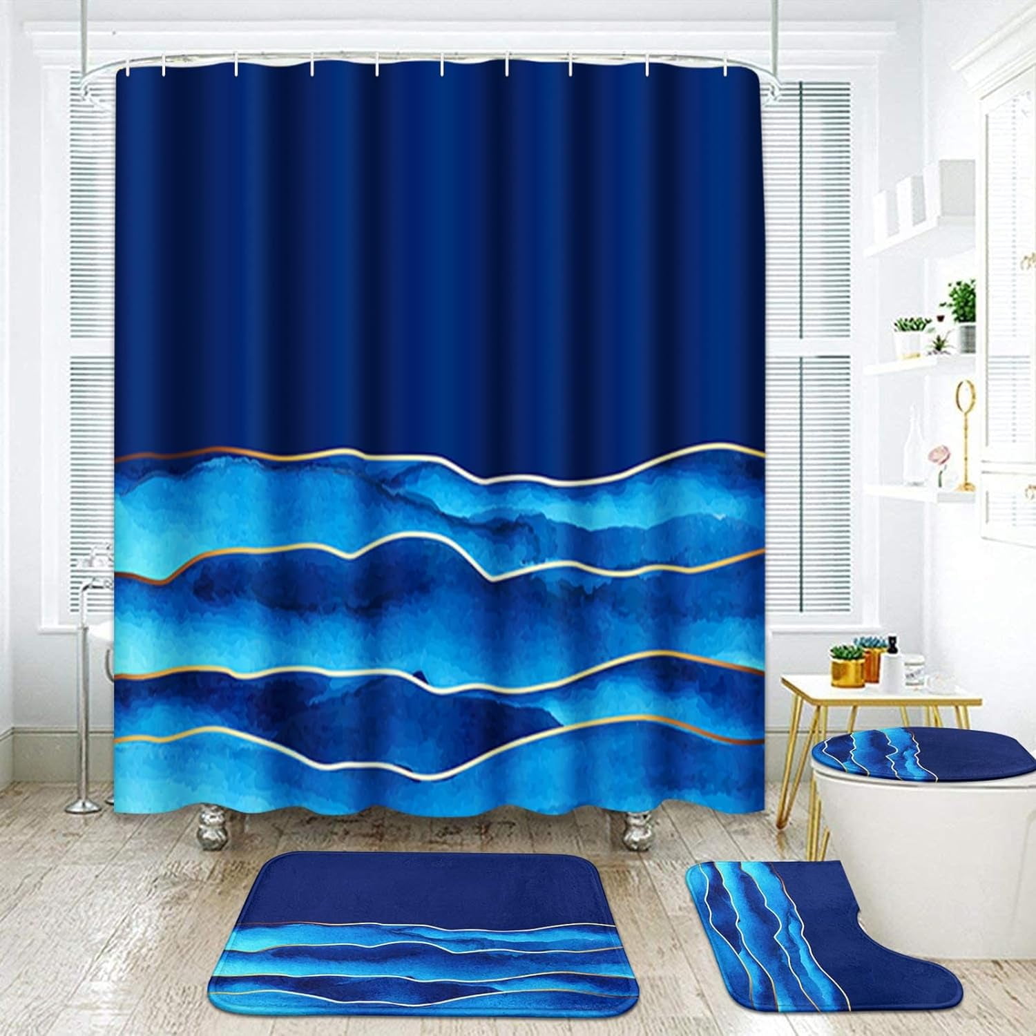 Blue Golden Sea Bathroom Set with Shower Curtain and Rugs and