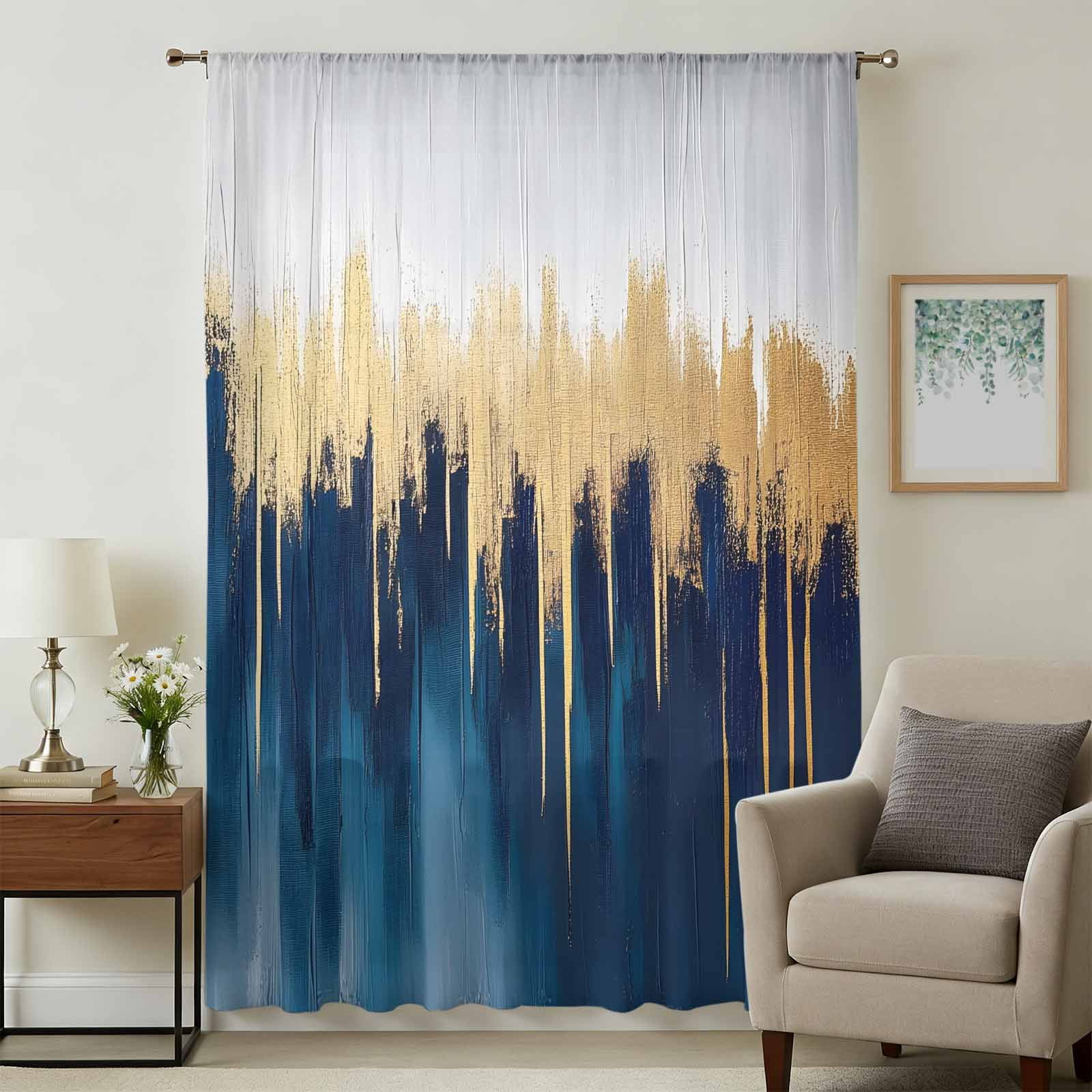 Blue Golden Sheer Curtains 54 Inches Long, Abstract Grey Smear Art ...