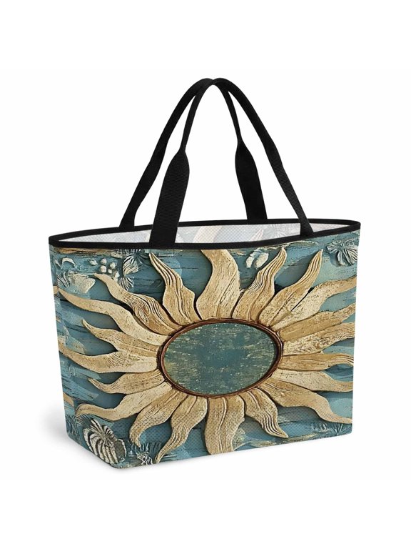 Blue Golden Sun Beach Bag for Women, Large Breathable Mesh Beach Tote Bag, Vintage Abstract Art Retro Sandproof Lightweight Travel Bags for Vacation Picnic Swimming Pool 15.7"x15.7"x9.1"