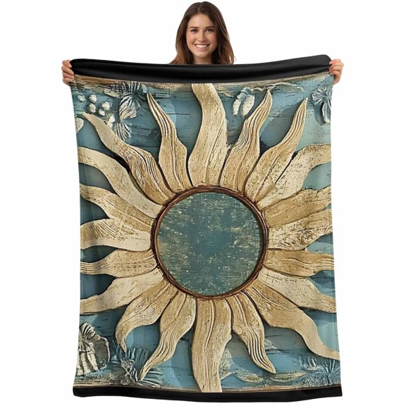 Blue Golden Sun Blanket Soft Cozy Warm Throw Blanket for Couch, Plush Fuzzy Flannel Fleece Blankets for Sofa, Vintage Abstract Art Retro Bed Blankets Lightweight Gifts for Women, 30"x40"
