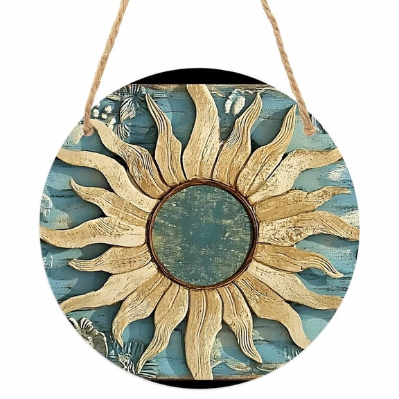 Blue Golden Sun Round Front Door Welcome Sign, 5.9 Inch Wall Hanging Decor for Indoor Outdoor, Vintage Abstract Art Retro Home Porch Hanger Decorations for Holiday Gift