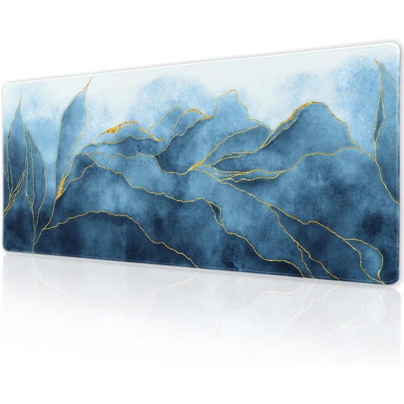 Blue Golden Watercolor Marble Gaming Mouse Pad XL 31.5×11.8 Inch Gold Line Navy Gray Abstract Extended Mousepad 30X80cm with Non-Slip Rubber Base Stitched Edge Large Desk Pad for Gamer Office