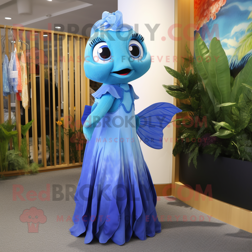 Blue Goldfish REDBROKOLY mascot costume character dressed with a Maxi ...