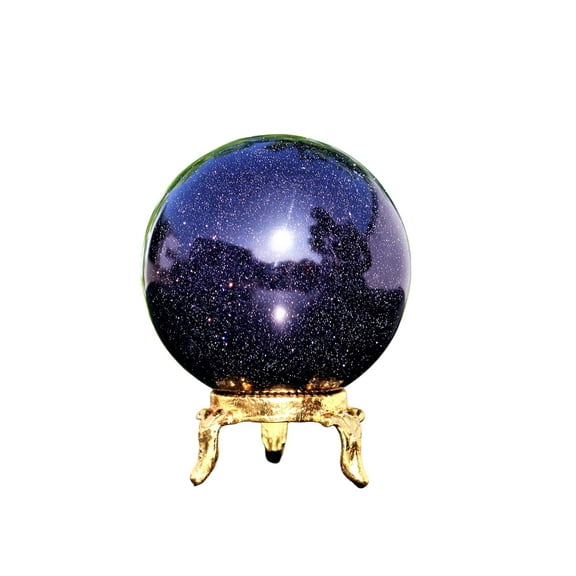 Blue Goldstone Crystal Carved Sphere for Healing Stone & Spiritual Home Decor, Sacred Crystal Gift Chakra Balancing, Serene Energy Enhancer for Yoga & Reiki Ball with Golden Stand (50-55mm)