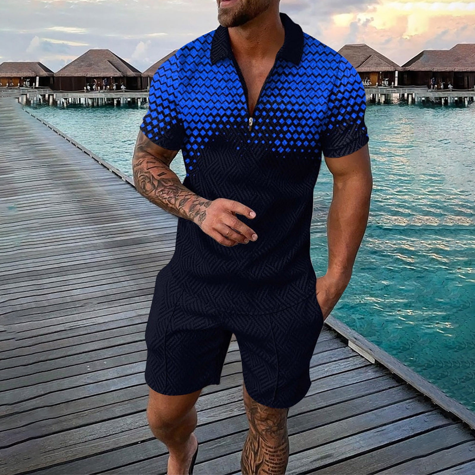 Blue Golf Polo Men's Shirt And Shorts Set Summer Outfits