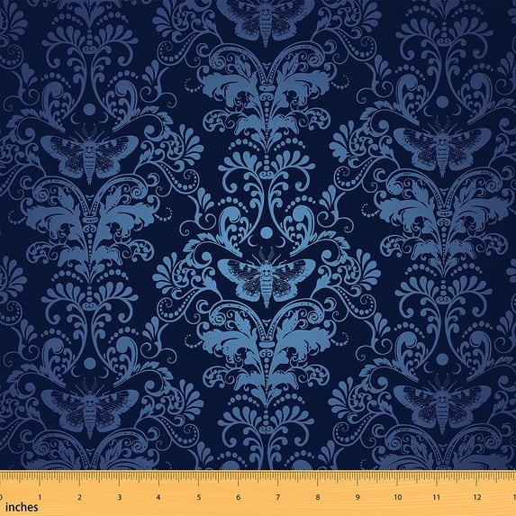 Blue Gothic Bohemian Moth Decorative Fabric For Adults Men,Jacquard Damask Fabric By The Yard 1 Yard,Motifs Antique Design Upholstery Fabric,Vintage Victorian Style Indoor Outdoor Fabric