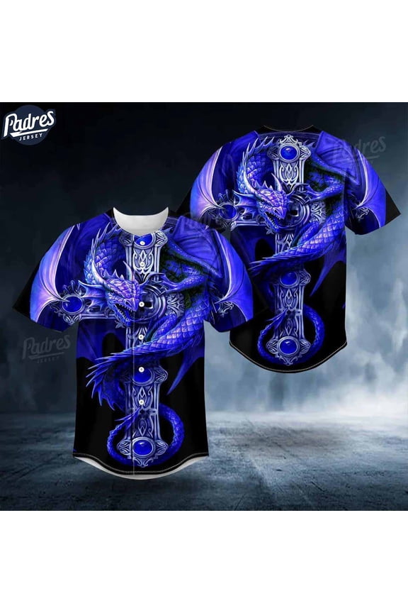 Blue Gothic Dragon Skull Baseball Jersey