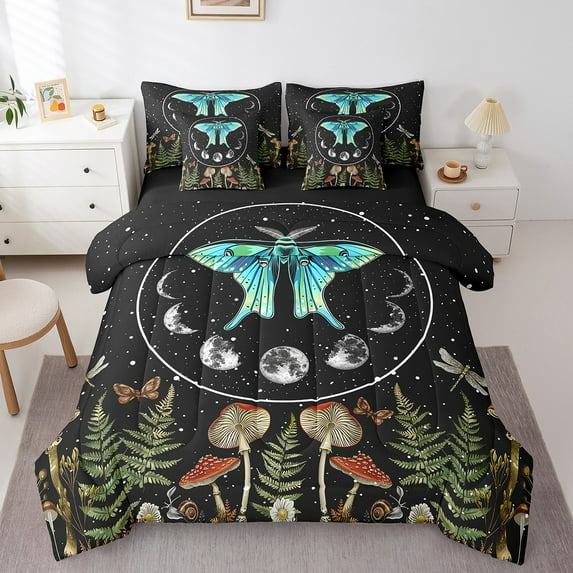 Blue Gothic Moth Comforter Set, Bohemian Trippy Mushroom Bedding Comforter Sets Moon Phase Bed in a Bag Dragonfly Butterfly Bedding King Size 7pcs, Psychedelic Galaxy Glitter Stars Bedding Accessories