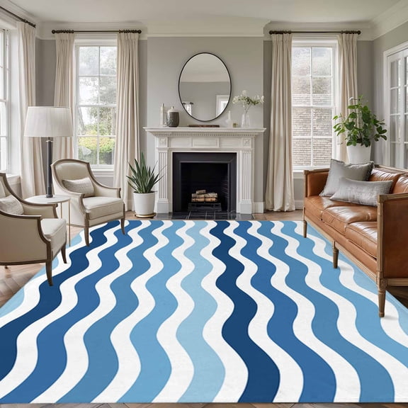 Blue Gradient 5'x7' Rug for Living Room Sofa and Coffee Table Layout, Water Ripple Washable Non Slip Rectangle Area Rug for Living Room Dining Room, Bathroom Accent, Entryway, Beside Bed
