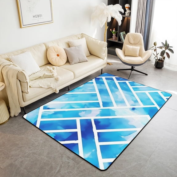 Blue Gradient Area Rug Geometric Stripe Bar Decorative Carpet Set Room Artistic Ink Painting Rugs For Living Room Bedroom Easy To Wash Indoor Floor Mat 4x6ft