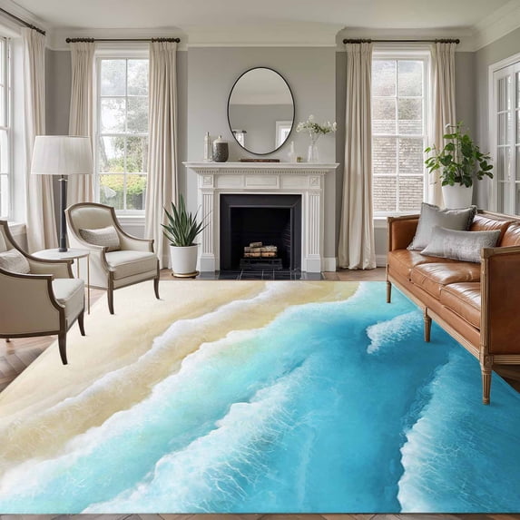 Blue Gradient Beach Area Rugs 8'x10', Washable Small Throw Rugs for Living Room Patio, Watercolor Coastal Seaside Waves Ombre Indoor Outdoor Rug Non-Slip Low Pile Carpet Runner Reversible Floor Mats