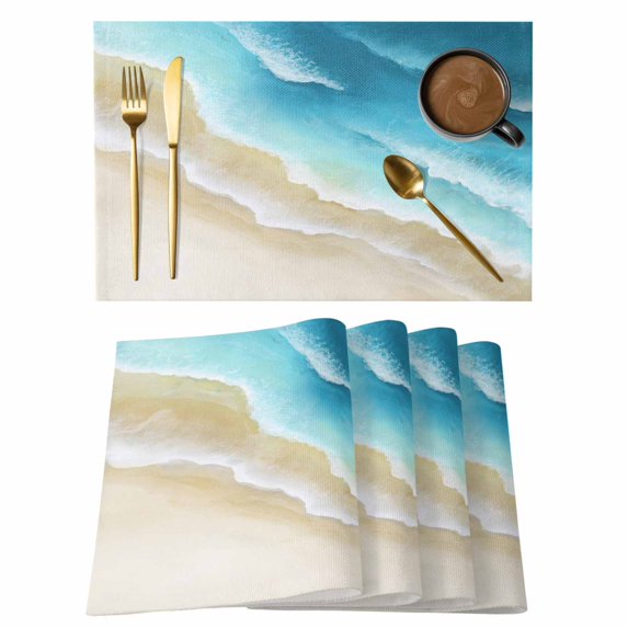 Blue Gradient Beach Placemats Set of 4, Watercolor Coastal Seaside Waves Ombre Placemats for Dining Table, Place Mats for Kitchen Tabletop, Waterproof Wipeable Dining Table Mats Set