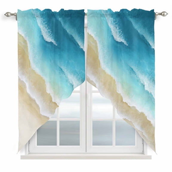 Blue Gradient Beach Swag Valances for Windows, Kitchen Curtains 36 Inch Length 2 Panels Set, Watercolor Coastal Seaside Waves Ombre Short Curtains for Small Windows Rod Pocket Cafe Curtains 28"x36"