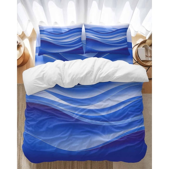 Blue Gradient Bedding Duvet Cover Set Full Size 4 Pieces Fluid Wave Art Abstract Modern V Bedding Set with Zipper Closure, 1 Comforter Cover 86x86 Inches 1 Flat Sheet & 2 Pillow Cases