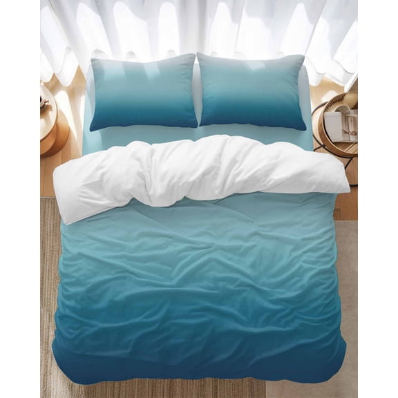 Blue Gradient Bedding Duvet Cover Set Full Size 4 Pieces Soft Twill Plush Quilt Cover, Include 1 Duvet Cover 1 Flat Sheet And 2 Pillow