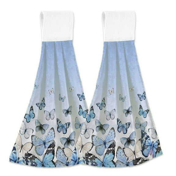 Blue Gradient Butterfly Hanging Kitchen Hand Towels Sets with Loop Hand Towels Kitchen Tie Towel 2pcs