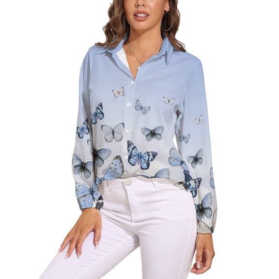 Blue Gradient Butterfly Long Sleeve Blouse Woman Streetwear Casual Shirts Summer Oversize Woman Streetwear Clothing Birthday Present