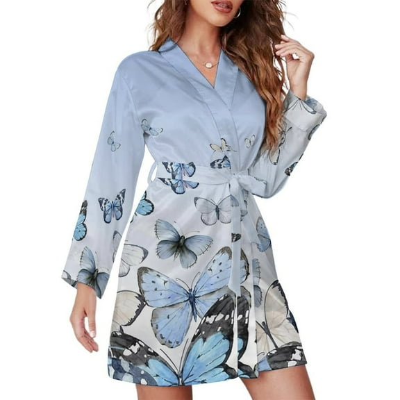 Blue Gradient Butterfly Night Robe Long Sleeve V Neck Robe With Belt Women's Sleepwear Dresses
