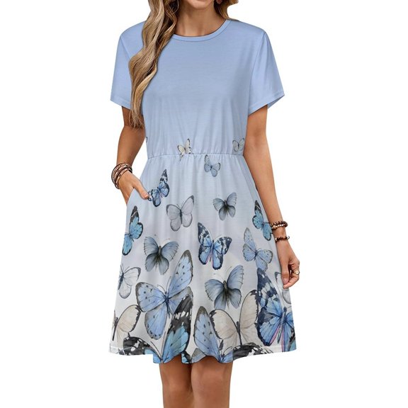 Blue Gradient Butterfly Sundress Short Sleeve Dress Summer Women Clothes Dress for Women Dresses