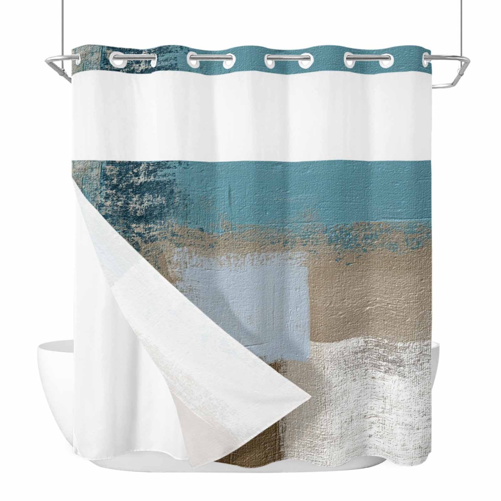 Blue Gradient Color Block No Hook Shower Curtain with Snap in Liner Set ...