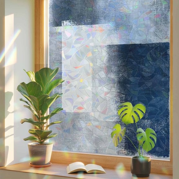 Blue Gradient Color Block Window Privacy Film, Rainbow Film Decorative Window Sticker 17.7x39.3in, Watercolor Oil Painting Art Sun Blocking Static Stained Glass Cling Tint Non-Adhesive