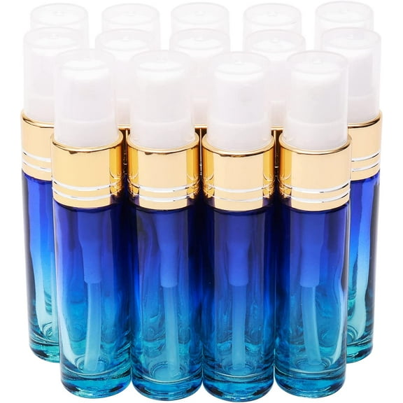 Blue Gradient Color Spray Bottles Glass Vials Tube Perfume Atomizer Refillable Makeup Travel Fine Mist Sprayer Bottle Containers for Cosmetic Skincare, Gold Cap 14Pcs 10ml (1/3 oz)