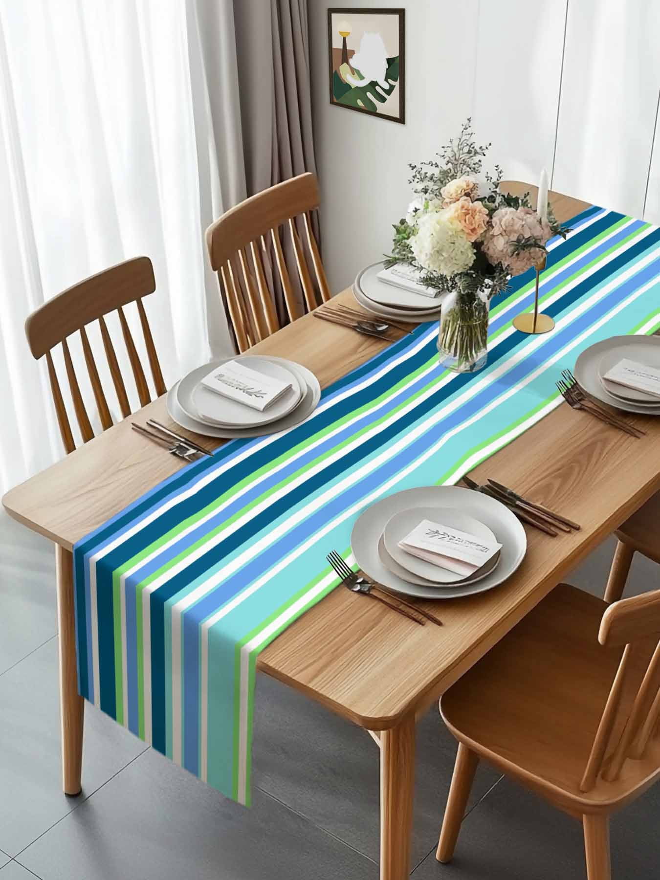 Blue Gradient Colorful Stripe Table Runner 90 Inches Long, Classic Line Table Runners Tabletop Scarf Kitchen Dining Tables Decoration for Home Party Indoor Outdoor