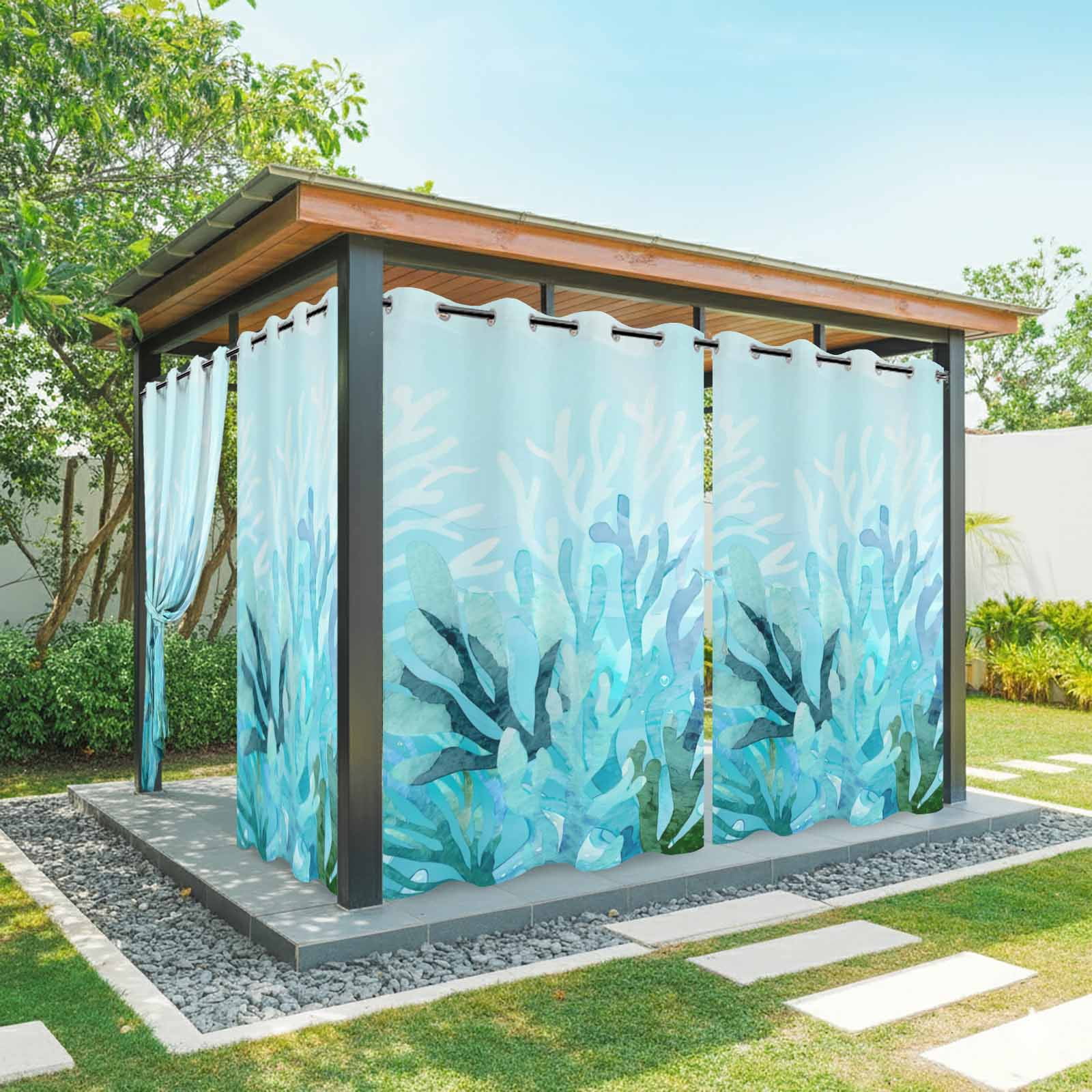 Blue Gradient Coral Outdoor Curtains for Patio, Ocean Coastal Sea Watercolor Coral Sunshade Privacy Drapes Grommet Waterproof Outside Curtains for Porch/Cabana/Balcony 54"x 108", 1 Panel